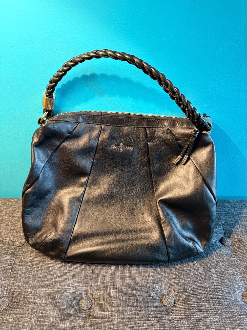 Cole Haan Black Braided-Handle Leather Shoulder Hobo
